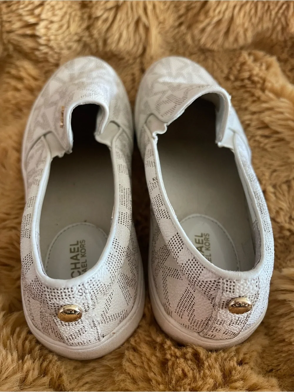 Michael Kors White and Gold MK Logo Slip-On Sneakers